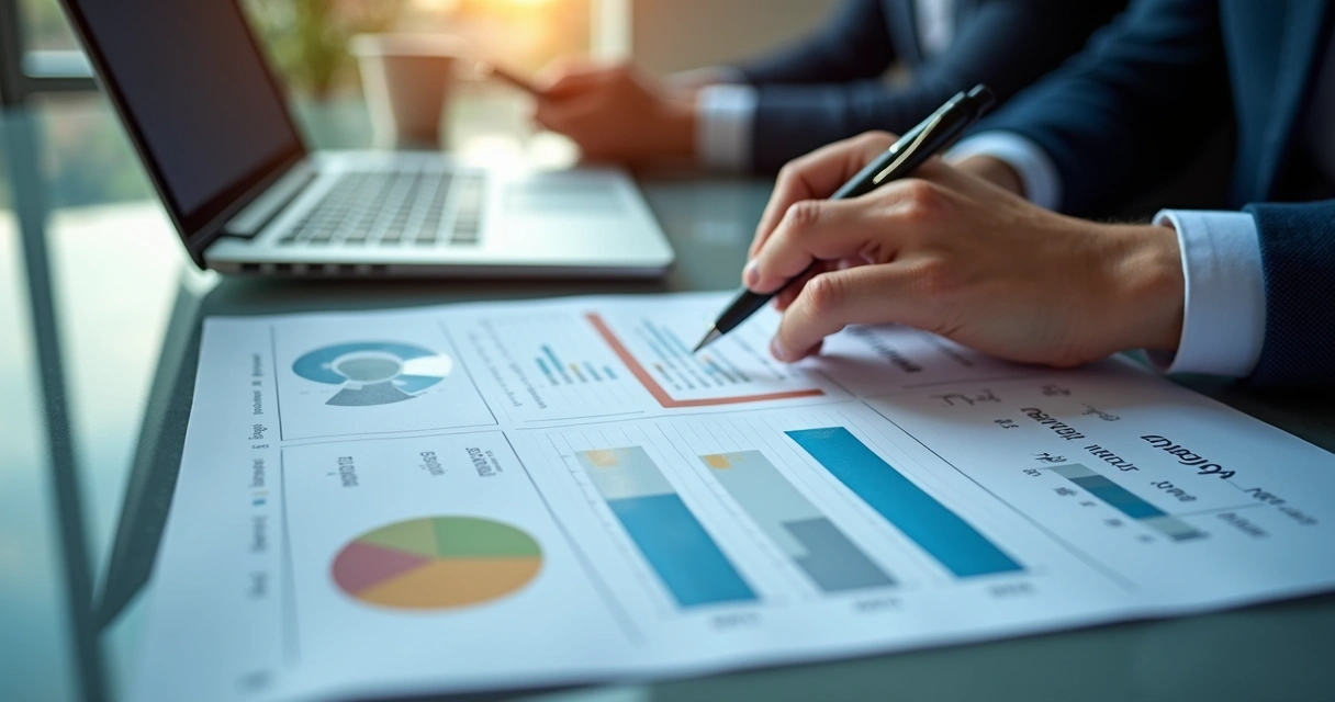 Tabela de produtos e margens ao lado de computador, mostrando gráficos de diferentes resultados