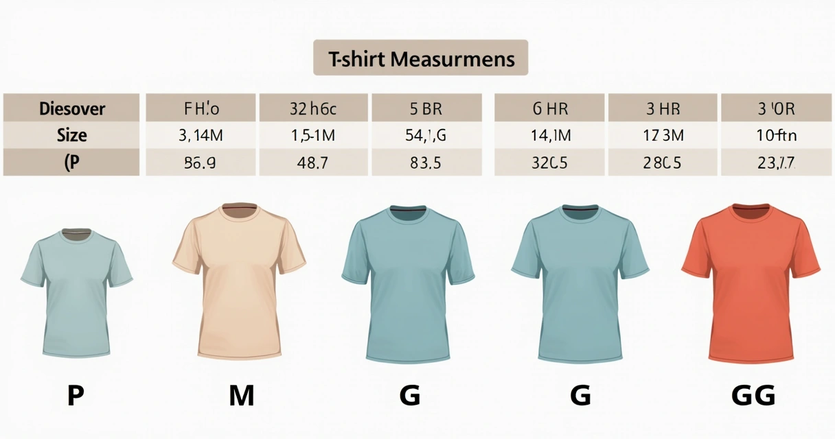 Tabela de medidas visual para camisetas, com tamanhos P, M, G e GG 