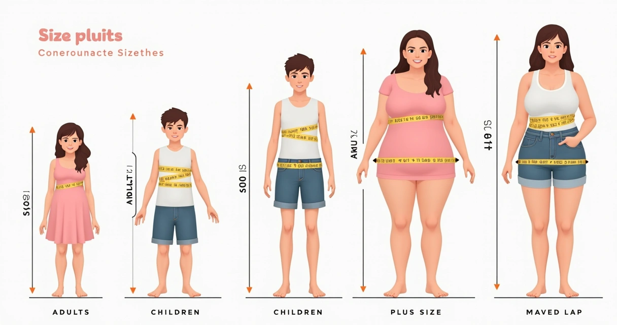 Quadro didático com exemplos de tamanhos para moda adulto, infantil e plus size