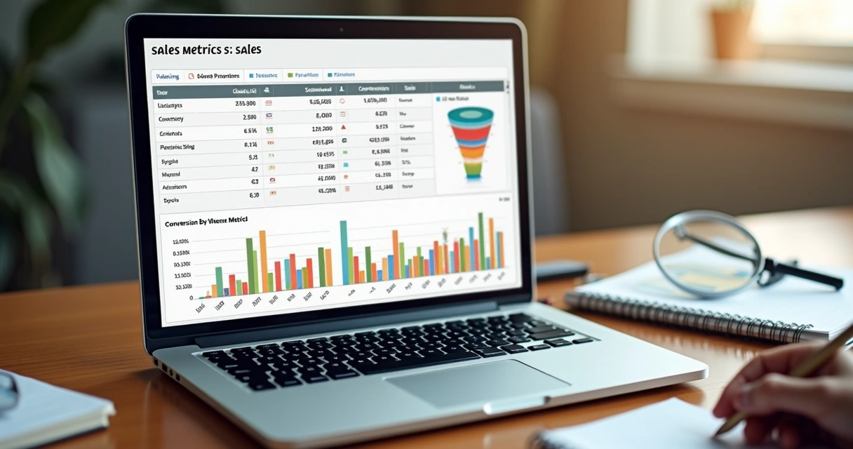 Laptop exibindo tabela de métricas de vendas com gráficos, números em destaque e apontando tendências de conversão 