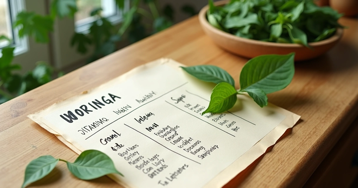 Tabela nutricional escrita à mão ao lado de folhas de moringa