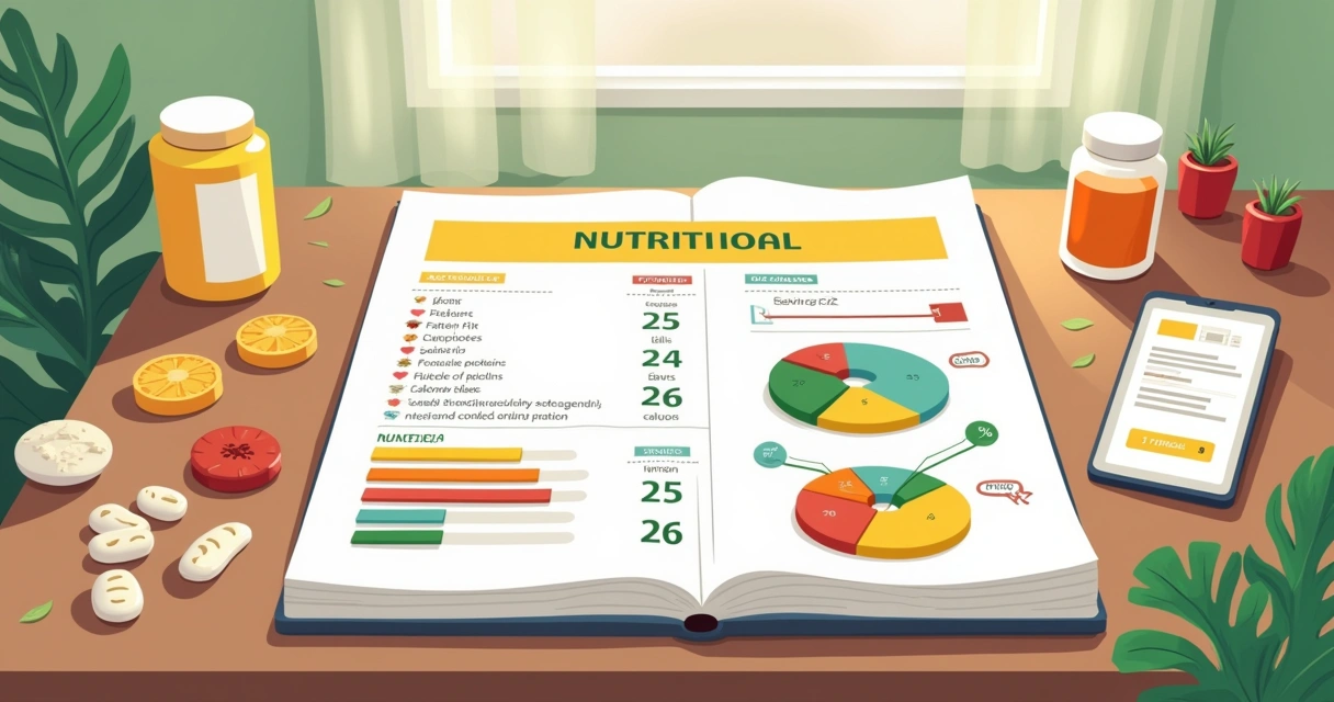 Tabela nutricional com destaques de porção, calorias e nutrientes em um ambiente iluminado.