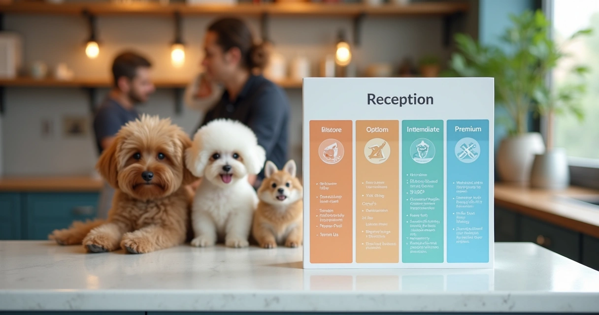 Tabela colorida de pacotes de serviços para banho e tosa petshop exposta no balcão 
