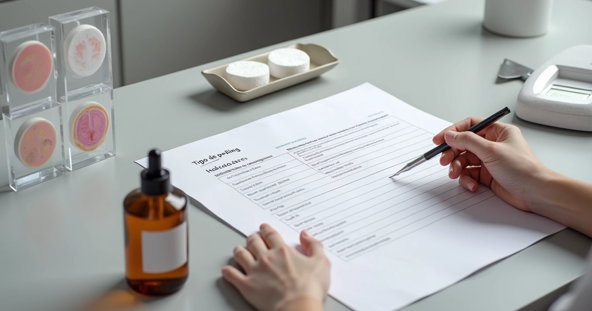 Profissional de saúde estética analisando ficha com tabela de indicação de peeling de ATA em ambiente clínico moderno 