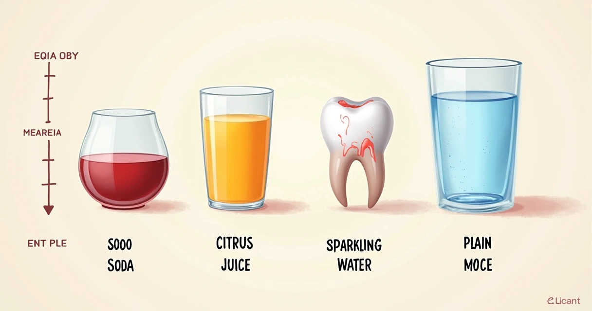 Comparativo de pH entre refrigerante, suco, água com gás e água pura com desenhos de dentes 