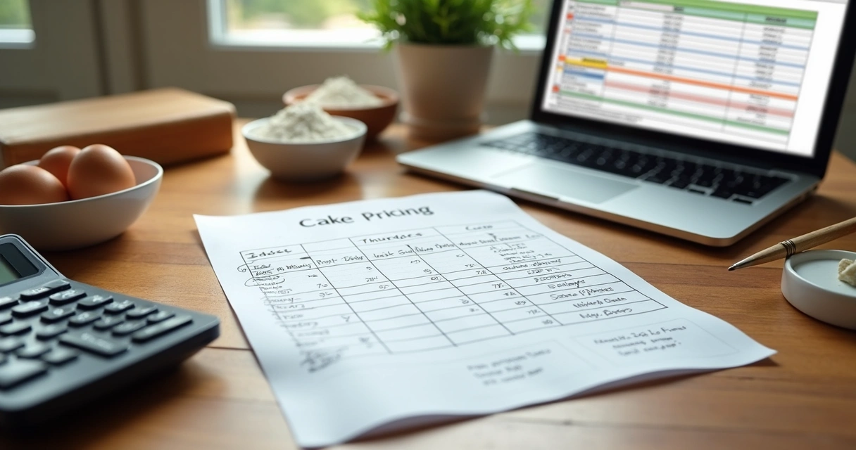 Mesa de madeira com uma tabela de precificação de bolo escrita à mão, ingredientes, uma calculadora e um laptop aberto mostrando planilha digital para cálculo de preços. 