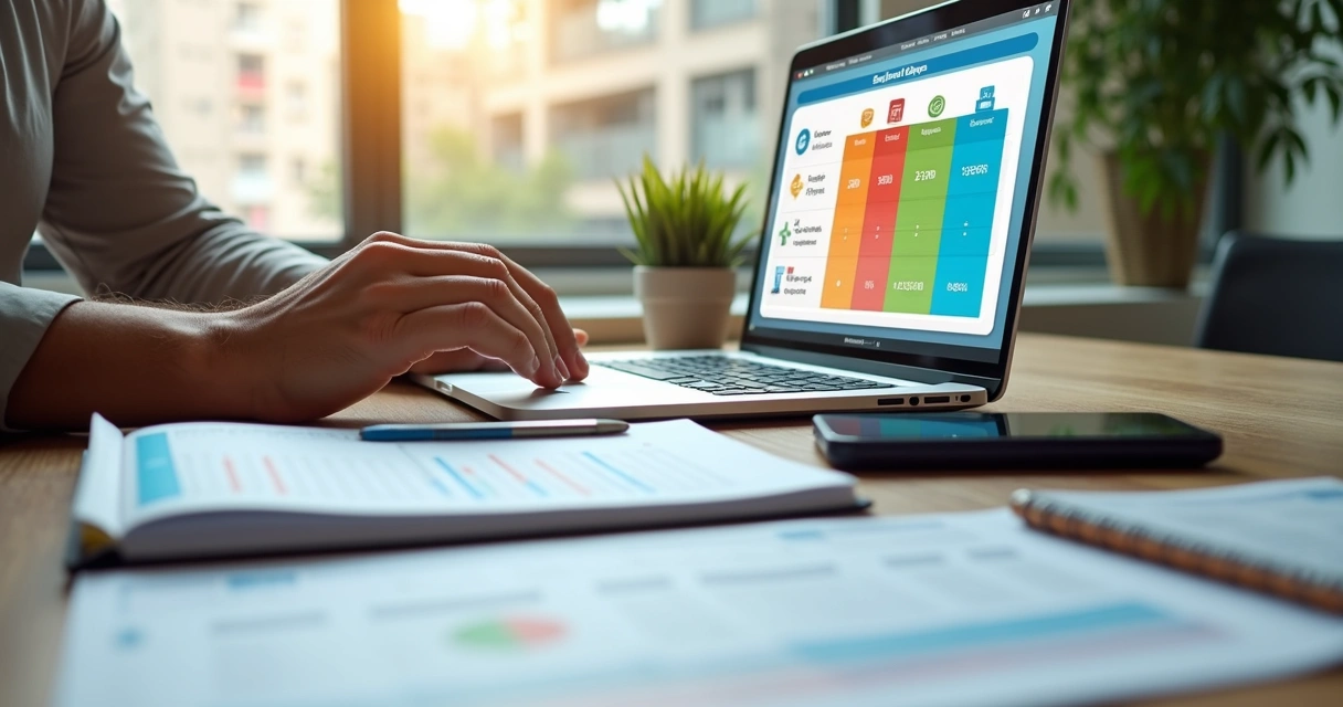Empreendedor analisando tabela de preços de serviços em notebook 