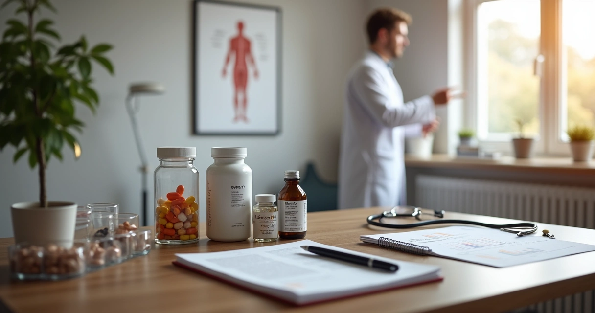 Mesa de consultório com suplementos alinhados ao lado de prontuário médico e óculos de leitura 