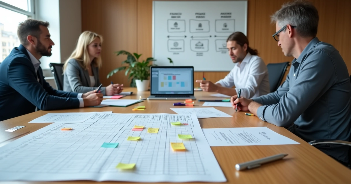 Equipe analisando tabela de temporalidade em reunião de escritório moderno 