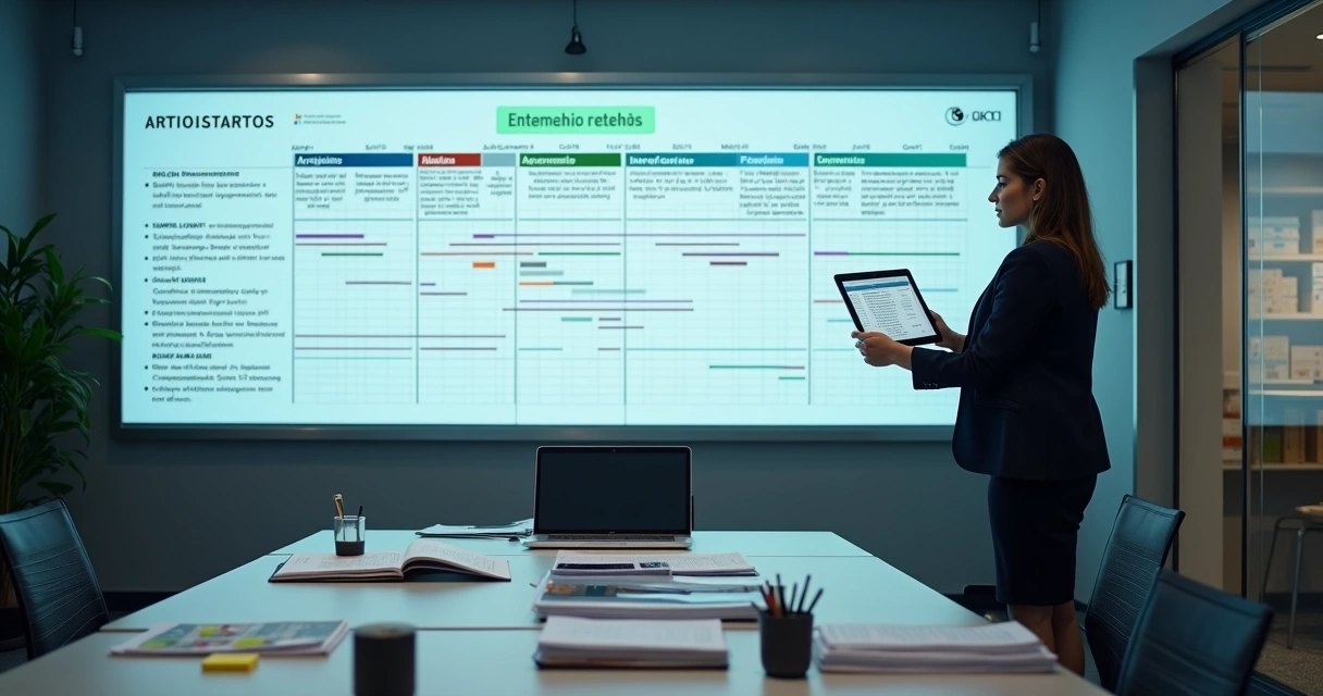 Gestora analisando grande painel de cronograma de guarda de documentos 