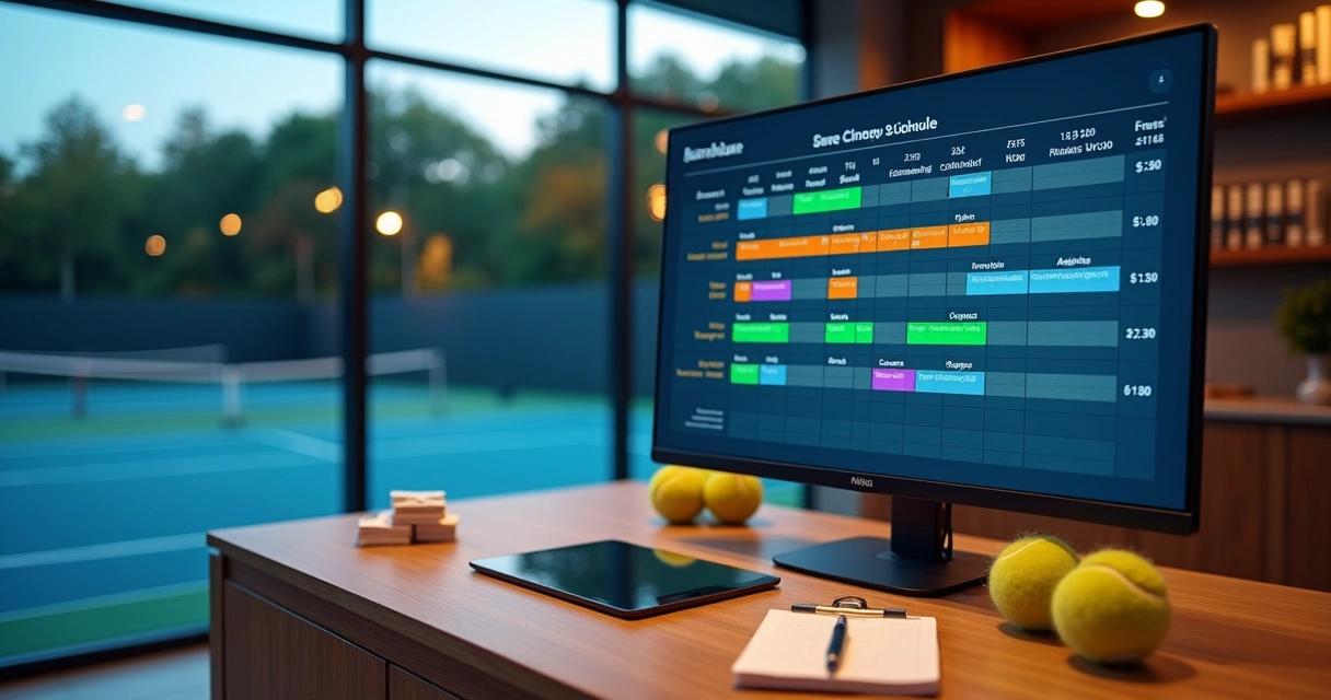Organizador visualiza tabela de torneio de tênis em calendário digital colorido 