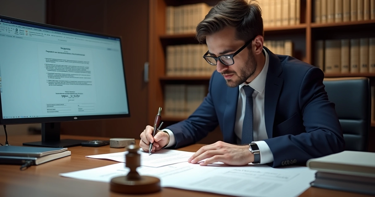 Tabelião conferindo documentos de imóvel 