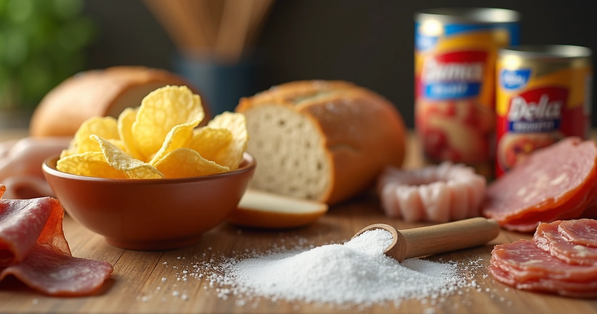 Various processed foods high in salt on a kitchen table