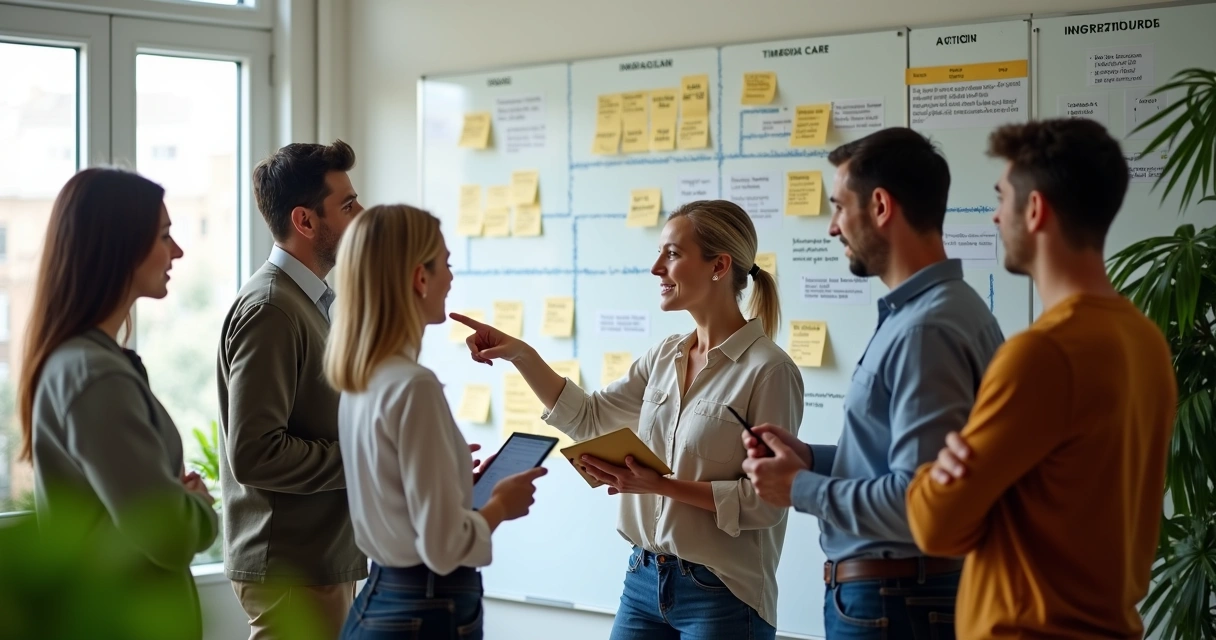 Tablero con acuerdos y equipo colaborando