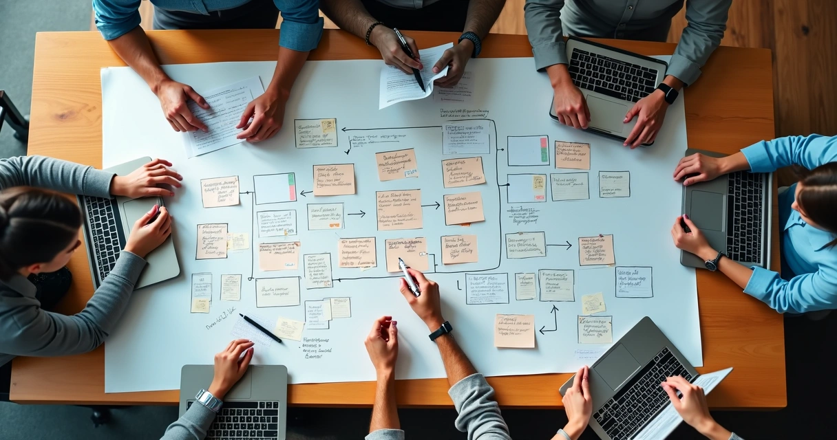 Tablero con conexiones entre áreas y decisiones organizacionales 