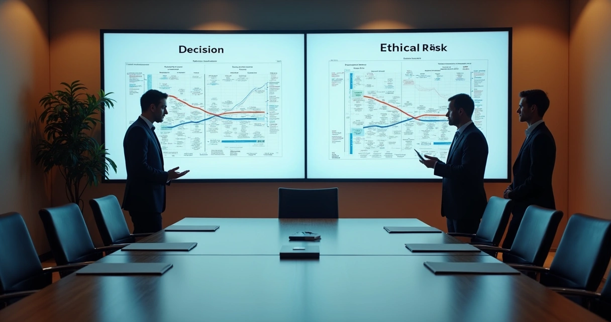 Tablero con decisiones éticas y financieras en sala de juntas