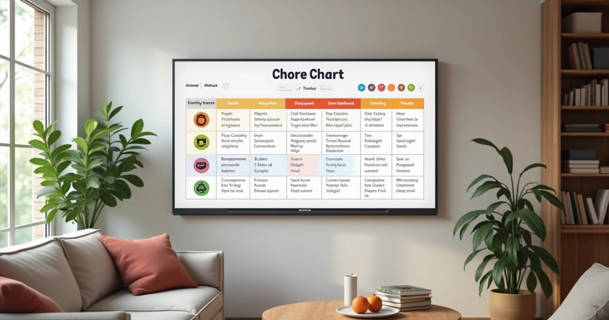 Tablero digital con tareas domésticas y nombres de miembros de familia