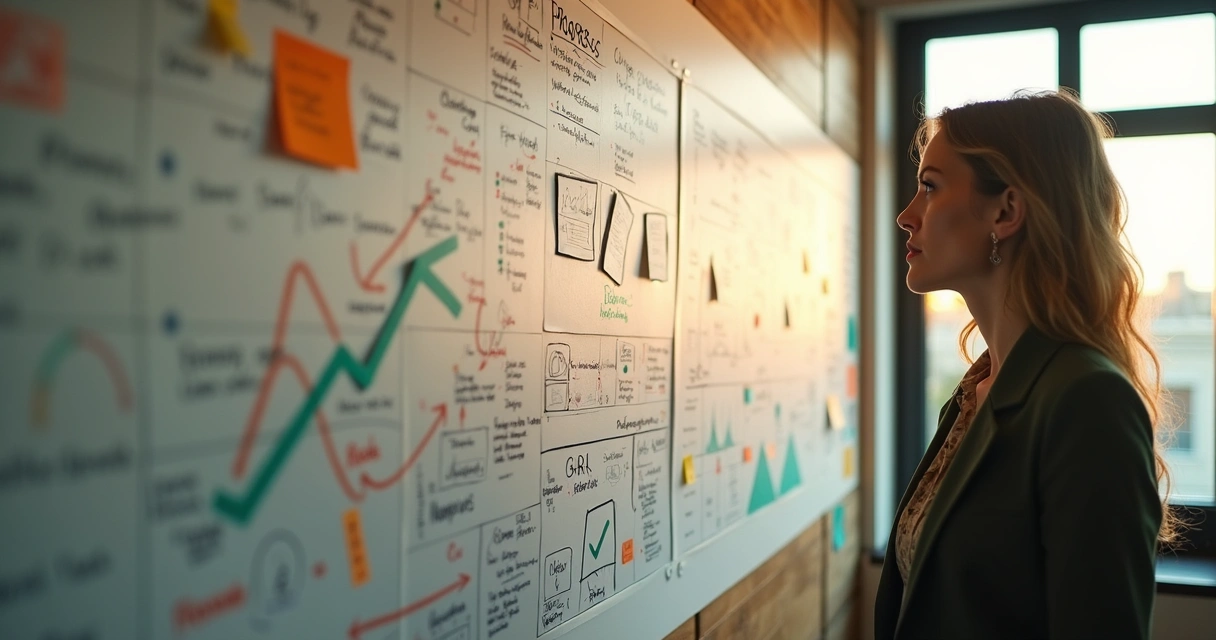 Tablero con ideas, gráficos y persona reflexionando 