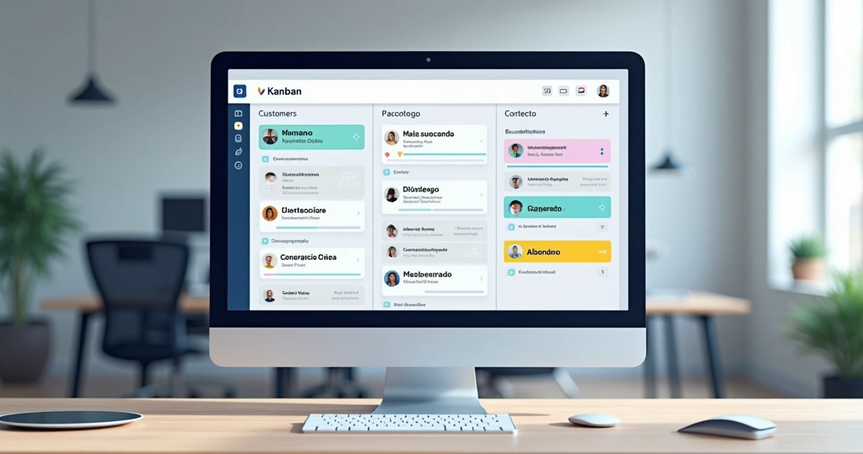 Tablero Kanban digital con columnas de venta de WhatsApp 