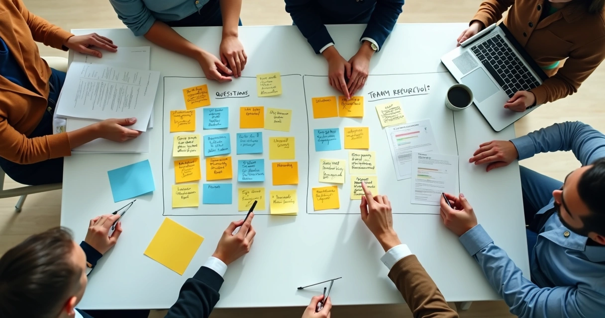 Tablero con notas y preguntas de reflexión para un equipo 
