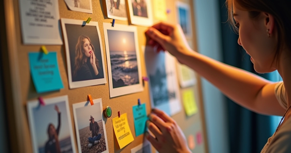 Tablero de visión con fotos y símbolos de deseos y propósitos 