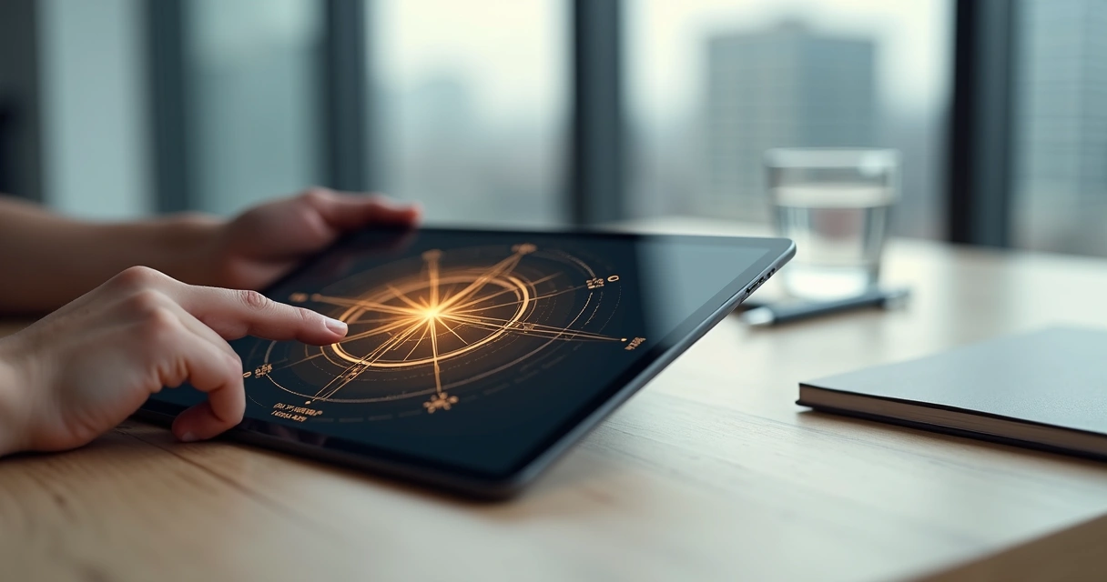 Mão segurando tablet com bússola luminosa sobre mesa de trabalho minimalista 