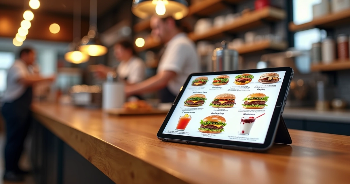 Tablet exibindo cardápio digital para lanchonete com lanches e bebidas 