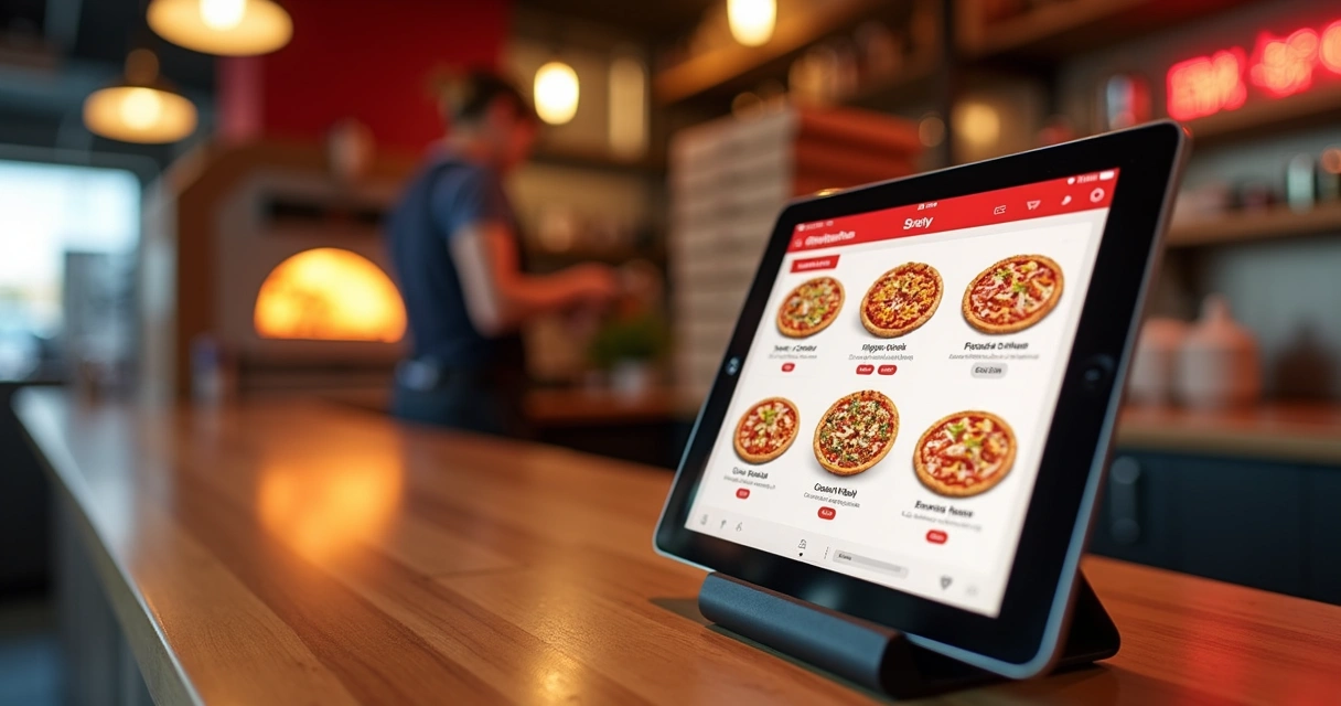 Tablet exibindo cardápio digital de pizzaria no balcão 