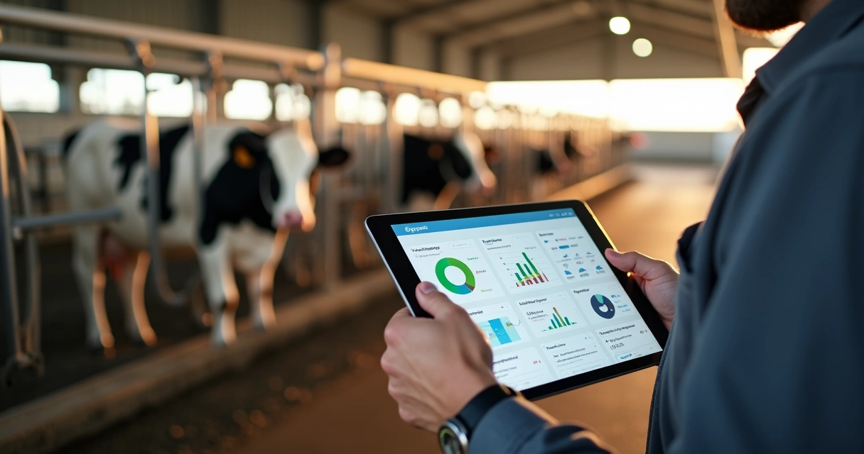 Produtor em sala de ordenha controla rebanho leiteiro em tablet com interface de software 