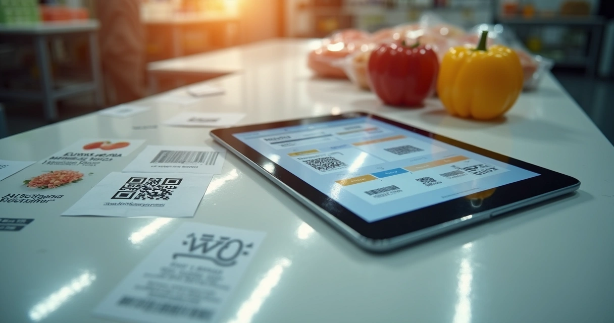 Tablet exibindo códigos de barras no setor de alimentos 