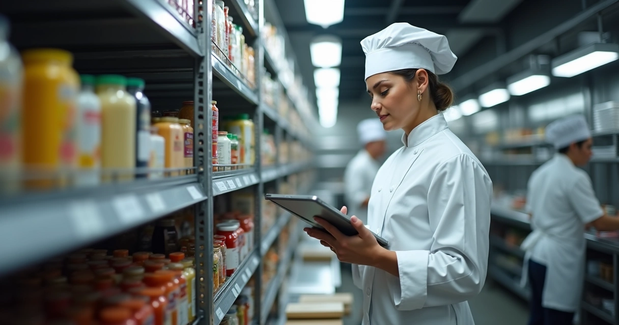 Tablet sendo usado para controle de estoque em cozinha de restaurante 