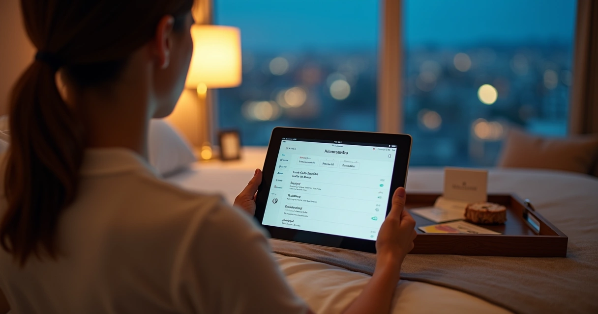 Hóspede em quarto de hotel moderno usando tablet com recomendações personalizadas 