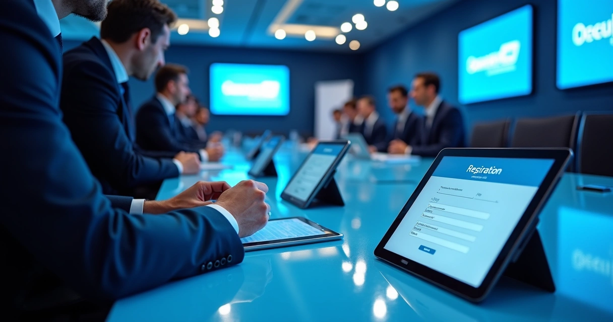 Tablets organizados em uma mesa em um salão de eventos corporativos 