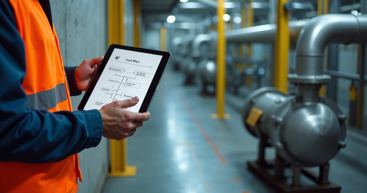 Engineer reviews 5 Whys on tablet by a pump 