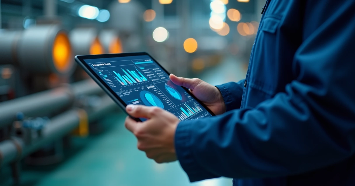 Tablet com dashboard de KPIs industriais monitorado por inteligência artificial.