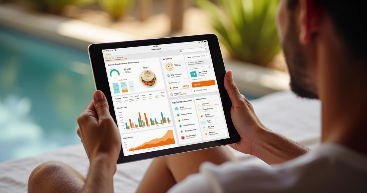 Tablet monitorando gestão de restaurante a distância 