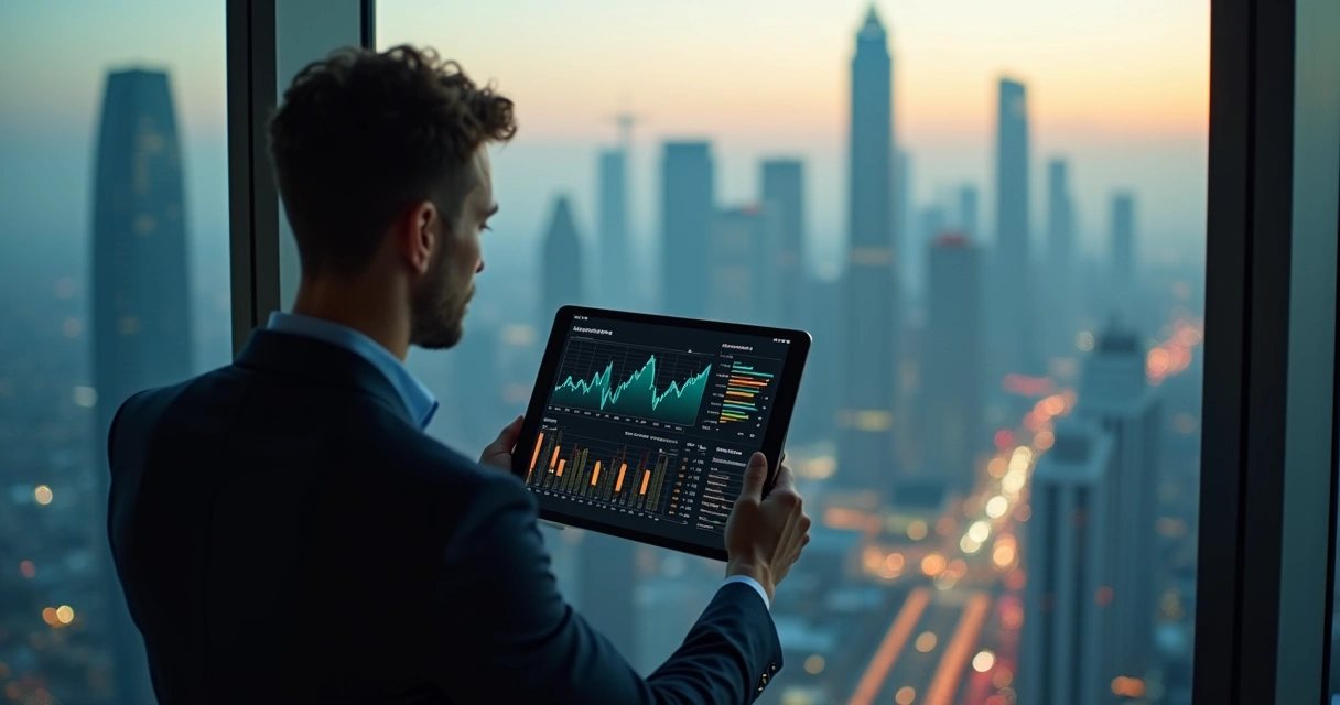 Finance professional holding tablet with automated MtM risk dashboard in front of city skyline 