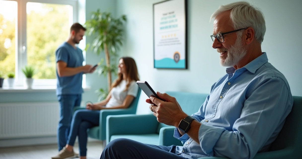 Paciente usando tablet para avaliar clínica odontológica 
