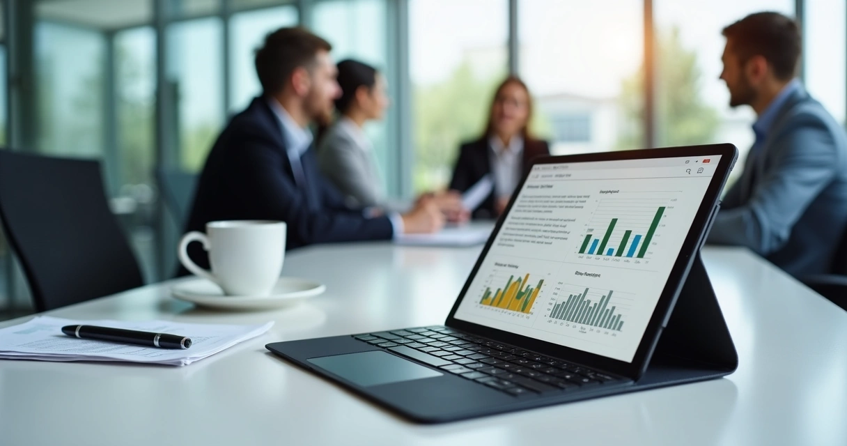 Tablet com teclado conectado em sala de reunião corporativa 