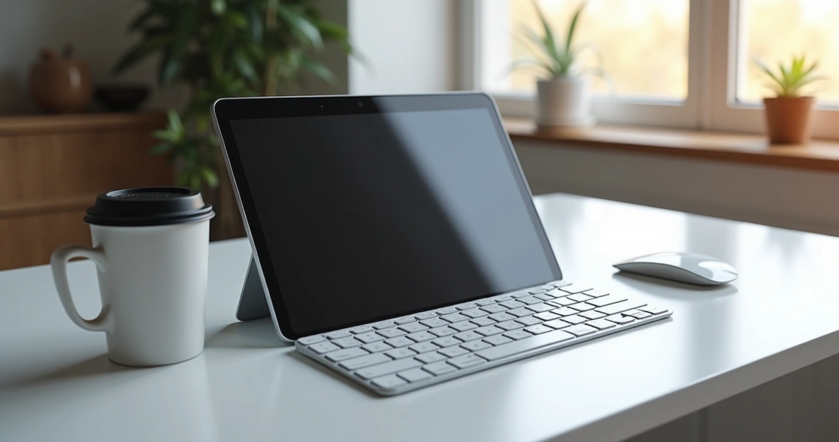 Tablet posicionado de lado, conectado a teclado bluetooth em uma mesa branca 