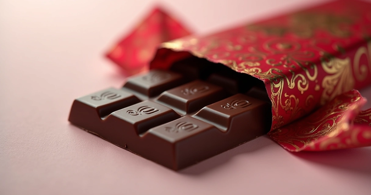 Tablete de chocolate meio amargo envolto em papel artístico sobre fundo claro