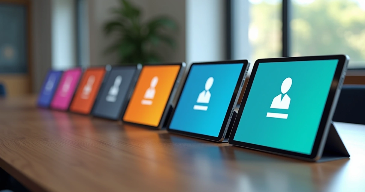 Vários tablets alinhados em uma mesa, cada um mostrando uma tela de login para diferentes usuários