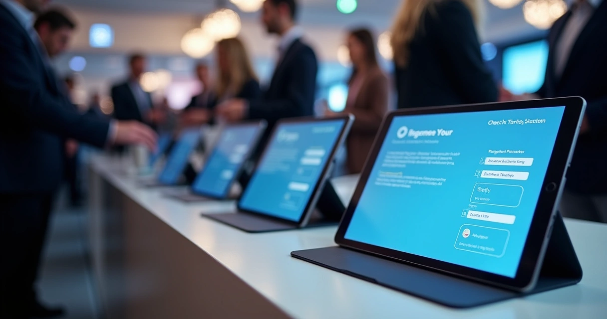 Tablets alinhados em mesa de credenciamento de evento 