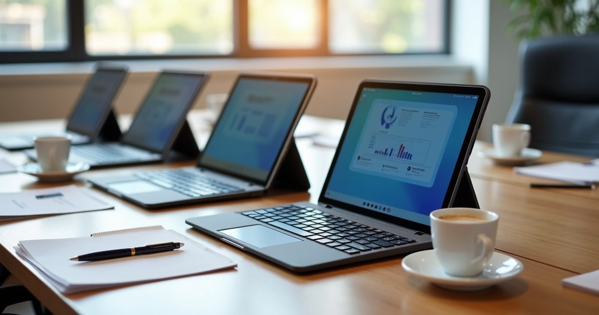 Grupo de tablets corporativos sobre mesa, todos com teclado físico acoplado 