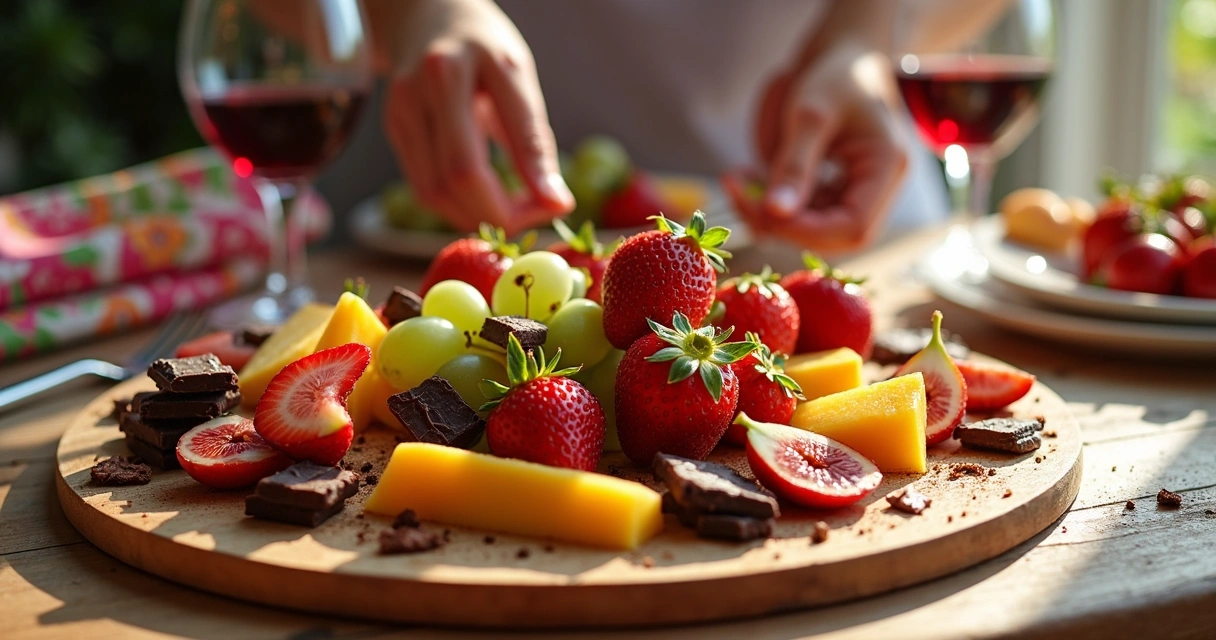 Tábua de frutas e pedaços de chocolate 