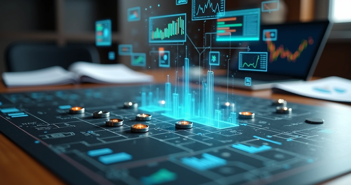Tabuleiro de estratégia com peças de empresas e painéis de indicadores digitais 