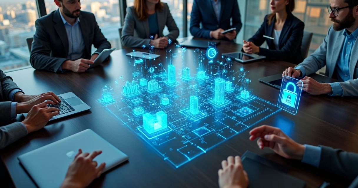 Vista superior de hologramas de IA sobre tabuleiro de estratégia empresarial 