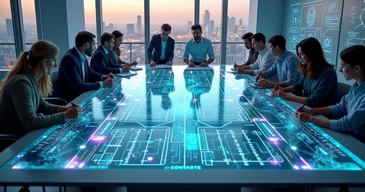Tabuleiro estratégico de equipe tech integrando IA e desenvolvimento assistido 