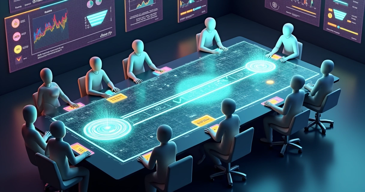 Mapa estratégico 3D de projeto de IA com metas e métricas destacadas 