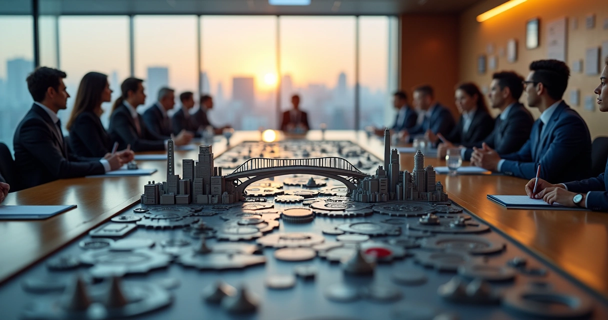 Tabuleiro de estratégia corporativa com duas equipes montando ponte entre peças complexas 